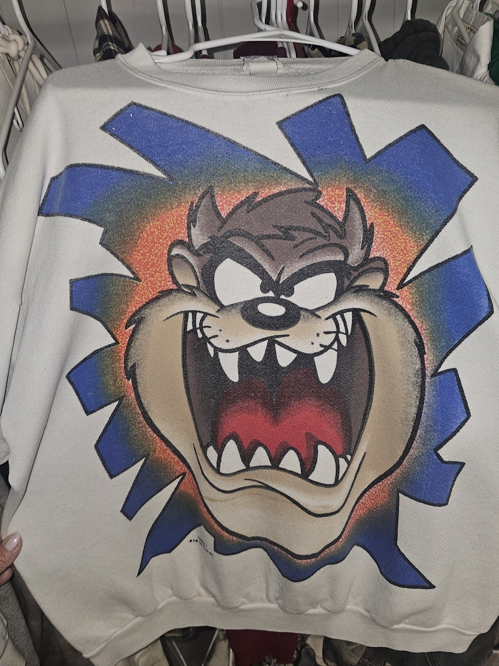 Crew Neck Graphic Sweater in White with Taz Illustration